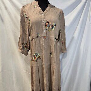 Fig & Flower Flowy Brown Dress Size Large Embroidered Paisley Sea Shell Buttons